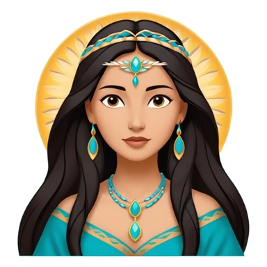 Cinematic Majestic Pocahontas Portrait Emoji, rendered in a clean, vector-style with bold shapes. Show Pocahontas with a serene, noble expression, radiant sun-kissed skin, and elegantly flowing dark hair, dressed in traditional garments with subtle turquoise accents. The design radiates a majestic, natural glow, high shine, and a soft glowing outline, capturing her regal beauty. sticker