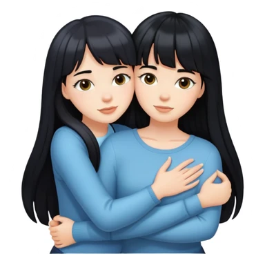 two white girls with long black hair hugging, one girl has bangs sticker