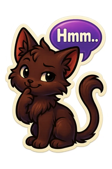 a dark-brown fluffy cute kawaii anime cat with tufted ears and a long thin tufted tail, thinking, smirking thoughtfully, saying “Hmm..” with a purple speech bubble, (cartoon style) (furry style) (deviantArt style) (artist style: Kamirah) sticker