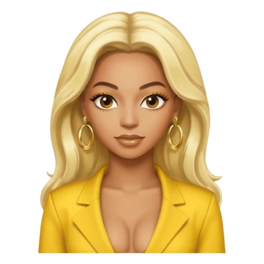 Beyonce with platinum blonde long hair, yellow outfit and earring sticker