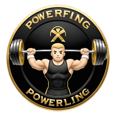 An emblem symbolizing powerlifting, featuring a bold barbell at the center, with strong, muscular arms lifting the barbell. The design is dynamic and powerful, using sharp lines and bold text. The background is minimal, ensuring the focus stays on the emblem. sticker