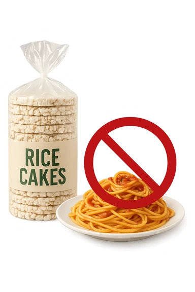 confezione di gallette di riso con accanto un piatto di pasta con divieto sopra, in italiano,  realistici sticker
