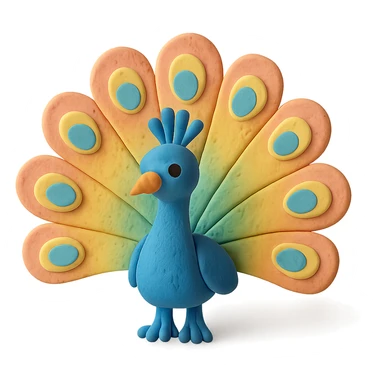 peacock with fanned colorful feathers, visible fingerprints, pastel colors, claymation style sticker