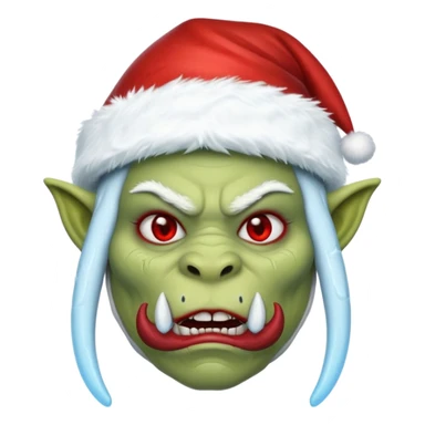 Fantasy orc emoji portrait, Santa Claus hat stretched around tusks, tusks covered with ice and crimson frost cracks, cold predator expression, winter hunt atmosphere, minimal clean emoji design, female variant
 sticker