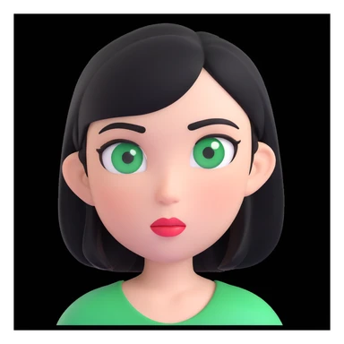 girl with black hair and green eyes, memoji style, 3D, expressive face, white background sticker
