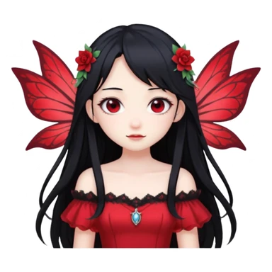 Gothic anime fairy with long beautiful black hair and red dress, pastelcore, sticker