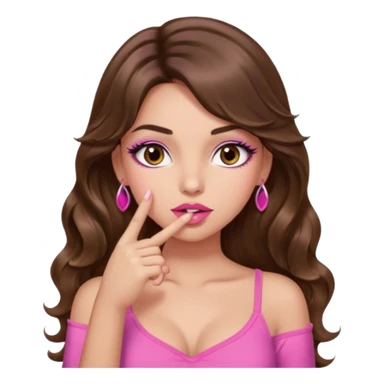 girl with long wavy brown hair, brown eyes, light to medium complexion, in a pink sexy top, pink lips, long lashes, shushing with one finger on the lips sticker