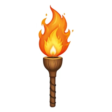 Indiana Jones-style flaming torch: worn wooden stick, bright orange flame, dark and realistic atmosphere. sticker