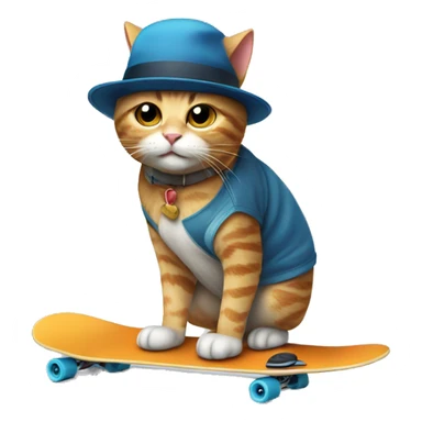 cat riding skate board with a hat sticker
