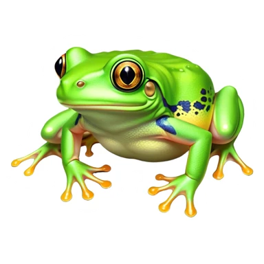 Cinematic Noble Green Tree Frog Portrait Emoji, Poised and alert, with a compact, vibrant body clad in bright, glossy green skin accented by delicate, sticky toe pads and large, bulging, observant eyes, Simplified yet sharp and sophisticated features, highly detailed, glowing with a soft, verdant luminescence, high shine, intelligent and sprightly, stylized with an air of tropical elegance, focused and attentive, soft glowing outline, capturing the essence of a watchful and confident amphibian that appears ready to leap out of the screen with effortless agility! sticker