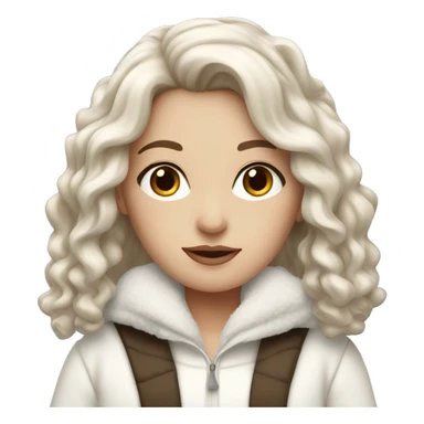 white girl with wavy brown hair and black eyes wearing a white and brown winter outfit sticker