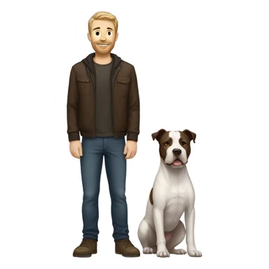 white male with dark brown hair and a lightly scruffy beard shadow standing alongside a white pitbull sticker