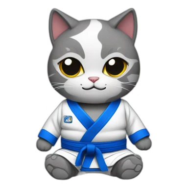 Adult cat wearing a blue Jiu-Jitsu gi with a grey belt sticker