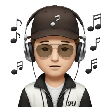emojis.com dj-man-white-with-baseball-cap---rayban-sun-glasses-80s---brown-hair---closed-eyes-with-headphones-on-with-musical-note-over-head-(listening-to-music-)---eyes-closed-no-glasses---black-hat--musical-notes sticker
