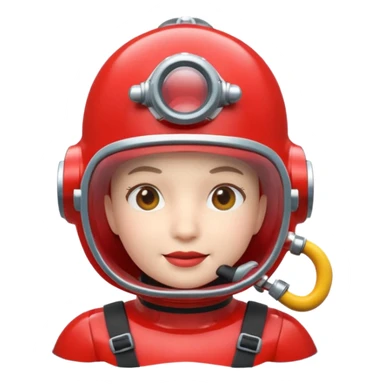 3D cartoon-style human character in the Apple emoji style, wearing a red diving helmet with glass visor sticker