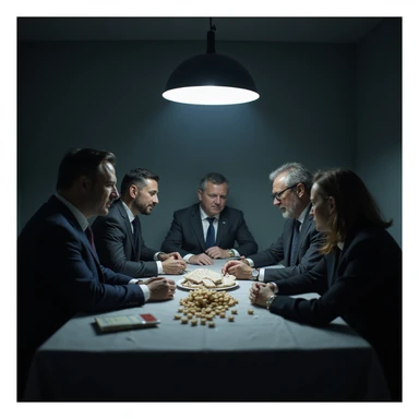 secret meeting in a pharmaceutical company: executives around a table with sugar, sweets and boxes of drugs, dark and strategic atmosphere, low lights, realistic details, 4K quality sticker