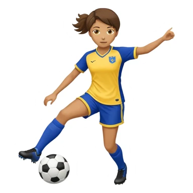 Female soccer player kicking a soccer ball with a royal blue kit with yellow trim on shoulder and shorts sticker