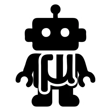 solid filled icon of a blue lowercase mu symbol with a toy-styled robot behind it sticker