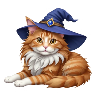 full body Maine coon ginger tabby cat flopped over on her back wearing an indigo witch hat sticker