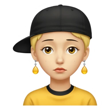 Create me an emoji like that, sad, with earrings, a black cap backwards, yellow skin like an emoji, and short hair down to the nape of my neck. sticker