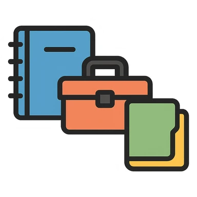 minimalist gray icon representing Resources with books, toolbox, or stack of files, worn and distressed look sticker