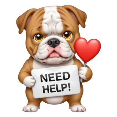 English bulldog holding a 'need help' sign, emoji style sticker