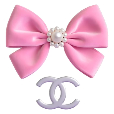 Change the double-layered velvet bow to pink, keep pearls and silver Chanel logo, elegant, glossy, black and white, 3D emoji style, with no background sticker