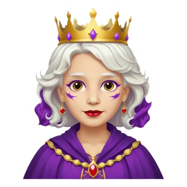 Queen with wavy white hair – golden crown, purple robe, red face paint mark sticker
