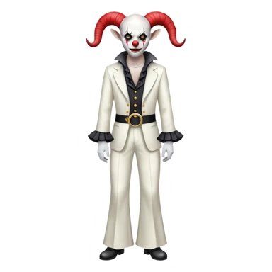 full-body demonic clown in a white leisure suit with bellbottom pants, bald, with black ram horns, flashy belt, ruffled shirt, no neck tie sticker