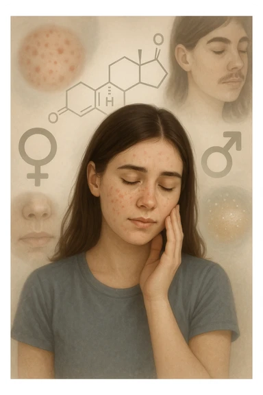 A young woman is surrounded by faint overlays of hormonal symbols and androgen molecules, with shadowy images of acne, facial hair, and oily skin projected around her, symbolizing the symptoms of PCOS with androgen excess. She looks down, gently touching her face with a resigned but hopeful expression, symbolizing her journey toward managing these symptoms. in italiano sticker