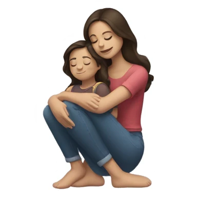 A brunette in her 20s hugging a child version of herself with closed eyes and sitting on her knees sticker