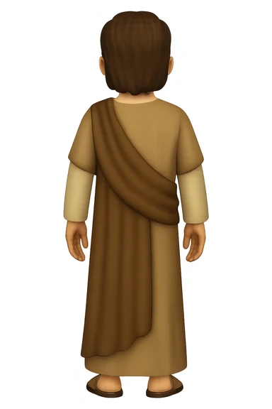 Edit the image to show a back view, centered full body, facing away, in classic emoji style. Depict apostle Peter with short hair, no hood, arms down by sides, smiling, detailed beard, wearing long sleeve brown clothes with beige details and a cape. No background. sticker