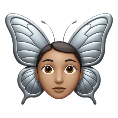 Liquid metal butterfly emoji, silver chrome material, iOS emoji style, smooth curves, reflective surface, elegant and minimal, white background sticker