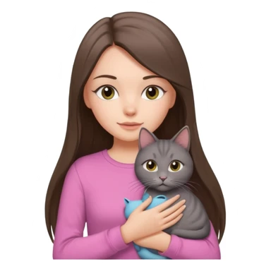 a white girl with brunette long straight hair holding a grey cat. the girl has long lashes and has on a pink shirt. sticker