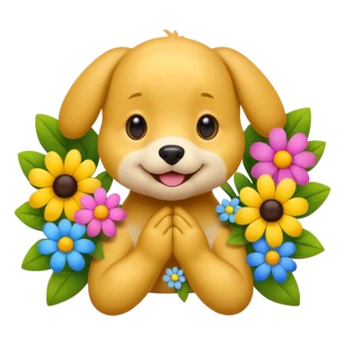 Cute smile face emoji with puppy dog eyes holding its cheeks and a bunch of flowers around it sticker