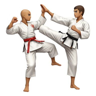 An icon symbolizing traditional Karate, featuring two opponents in a fierce battle. One fighter is delivering a high kick, while the other blocks the attack with a strong defense. The background reflects the calm yet intense atmosphere of a dojo, with traditional elements. Transparent background  sticker