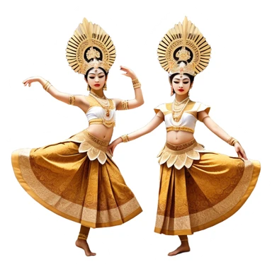 ​Cinematic Realistic Traditional Javanese Dancers, depicted as two graceful dancers in ornate traditional costumes with intricate batik patterns and elaborate headpieces, captured in dynamic poses during a ritual dance in an ancient temple courtyard, rendered with soft golden lighting and rich cultural textures, sticker