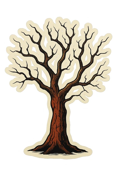 old tree with very thin twisted branches, brown-red cracked bark, sharp black outlines, clear shadows and highlights, retro stickers style, no gradients, eerie atmosphere sticker