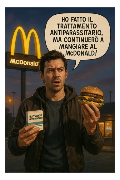 A realistic, cinematic illustration of a man in his early 30s with a confused yet stubborn expression, standing outside a McDonald's at dusk, holding a small box labeled 'Trattamento Antiparassitario' in one hand while holding a large McDonald's burger in the other. He is mid-sentence, saying 'Ho fatto il trattamento antiparassitario, ma continuerò a mangiare al McDonald!' in an expressive speech bubble. The man wears casual streetwear, and behind him, the McDonald's golden arches glow under a neon-lit sky. The mood is ironic and educational, highlighting the contradiction of doing parasite cleanses while continuing unhealthy fast-food habits. The style is realistic with slight illustrative clarity, emphasizing the message humorously while maintaining a serious undertone about lifestyle choices and health in italiano sticker