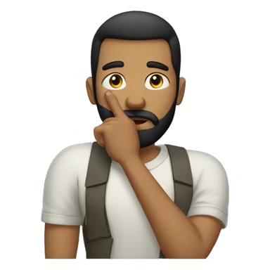 A guy with his finger in his mouth making the silence sign, black short hair, beard sticker