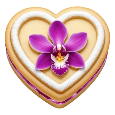 Realistic shortbread cookie in the shape of a heart with orchid color jelly middle filling and sprinkled powder sugar on top. sticker