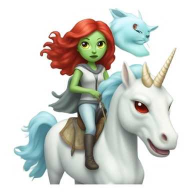[politically incorrect
	{ woman: alien, color: light green, hair:red, eyes:cat} ]
	on a 
	[{ unicorn: white, legged:four, mane: light blue }] sticker