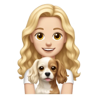 White girl with wavy blonde hair holding a Tan and white chihuahua cocker spaniel mix happy with shorter ears sticker