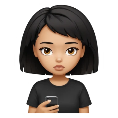 generate a pretty bratz girl with short black very messy hair, looking tired and using her phone, wearing an oversized black tshirt sticker