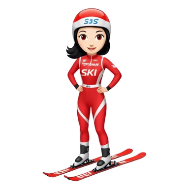 Ski racer woman red white dress with the name STEPHANIE on the dress black hair smile sticker