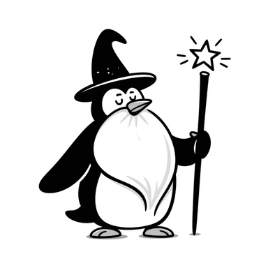 A penguin wizard with a long white beard, tall wizard hat, and magic staff sticker