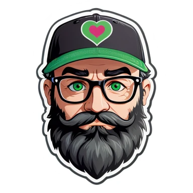 A bold man with a grey baseball cap, green eyes, big beard and glasses with hearts in his eyes sticker