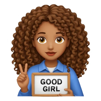 A girl with medium brown skin and long curly holding a sign saying good girl sticker