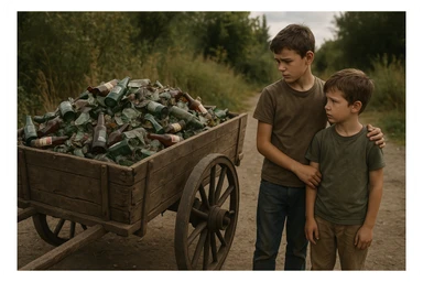 Bir g'ildiragi singan ichimliklar ortilgan arava uning yonida aka uka bir biriga havotirli nigoh bilan qarab turibdi realistik uslubda sticker