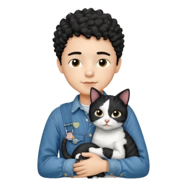 Apple emoji of a 13 year old boy with short black curly hair and dark brown eyes of light skin with denim shirt and overalls hugging a black and white cat sticker